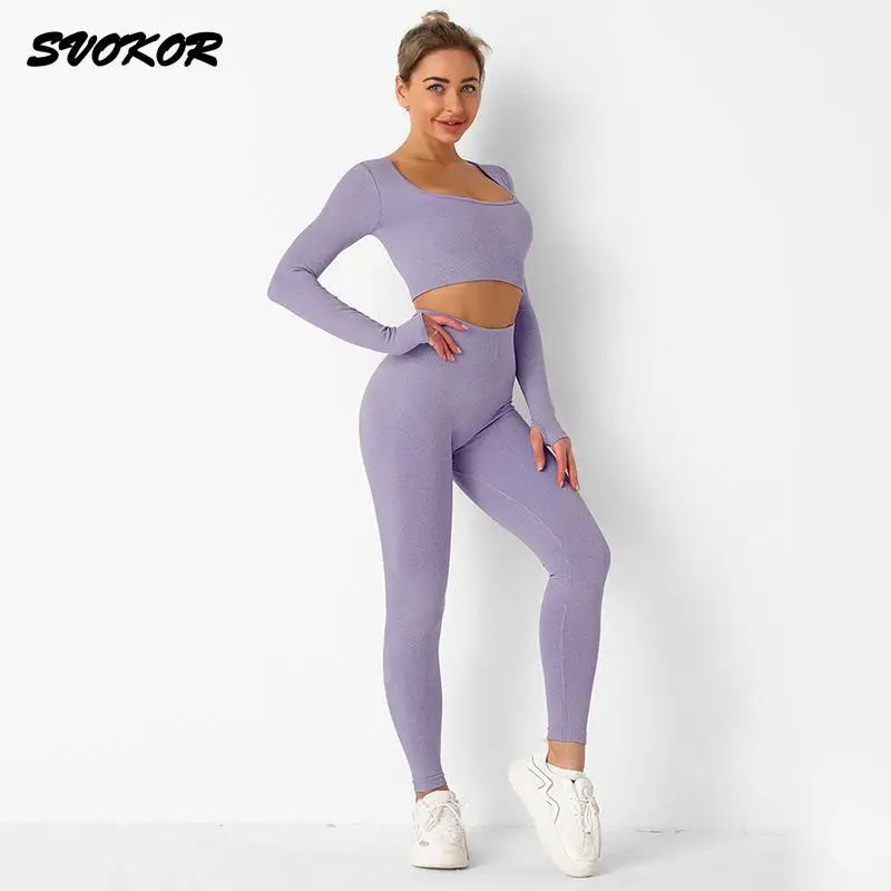 

SVOKOR Knitted Sportswear Women Seamless Yoga Set Crop Top 2Pcs Sport Suit Breathable Stretch Leggings Gym Sets Sports Top