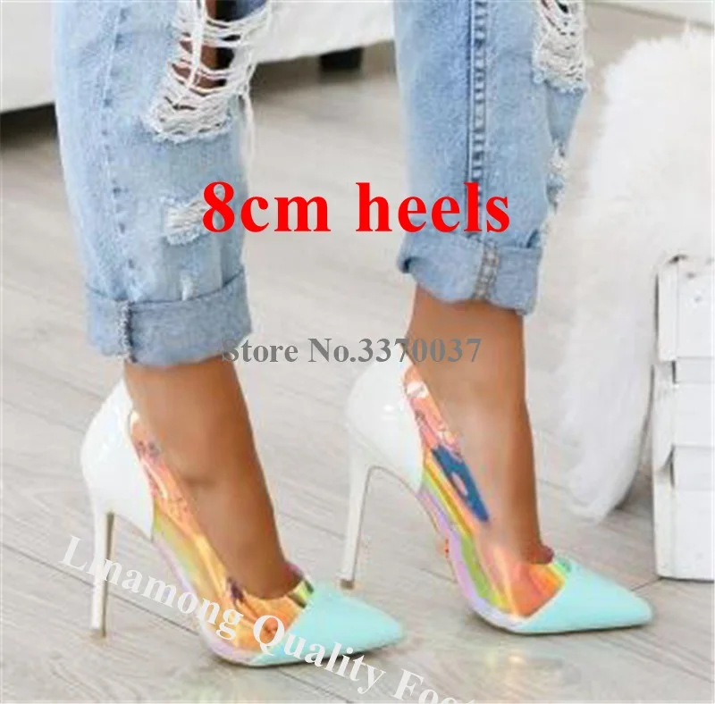 8cm heel Женские туфли-лодочки из лакированной кожи с острым носком неонового и розового цвета; туфли-лодочки на шпильке; светоотражающие Прозрачные Высокие каблуки из ПВХ; свадебные модельные туфли - Цвет: 8cm heel