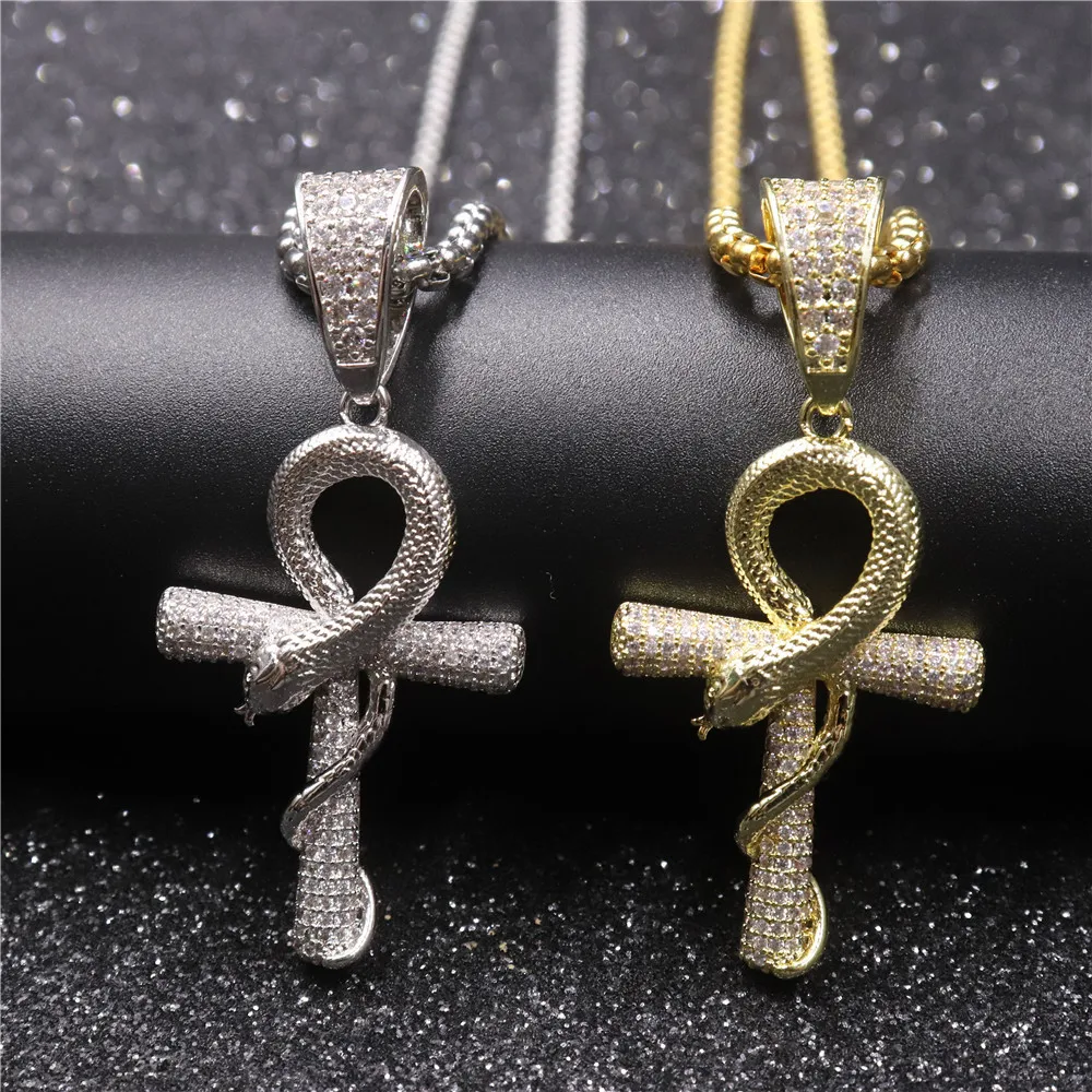 Мужские хип-хоп iced out крест АНХ с подвеска в виде змеи ожерелья проложить Установка кубического циркония Мужской Винтаж ожерелье ювелирные изделия Хип-хоп