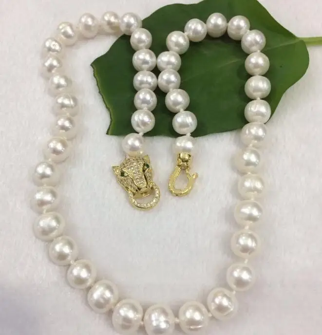 

Genuine S925 Zircon Leopard Freshwater pearl white pearl 9-10MM necklace for women jewelry 18inch