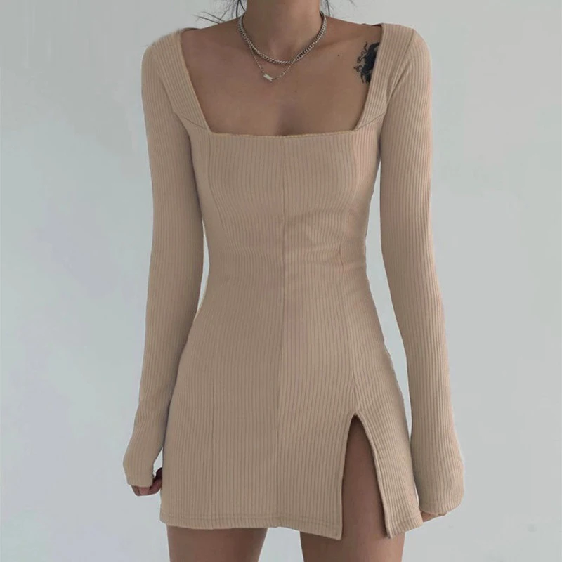 

2021New Korean Sexy Split Side Solid Mini Dress Women Square Collar Ribbed Casual Short Dresses Ladies Long Sleeve Bodycon Dress