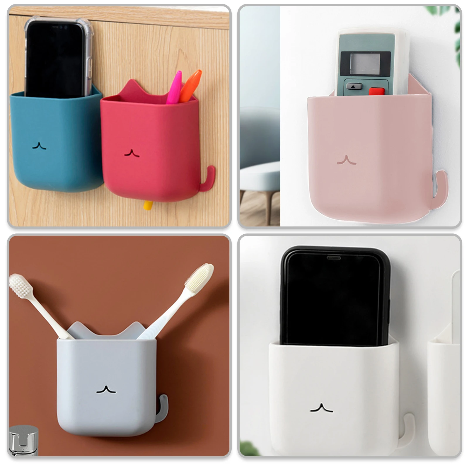 

5PCS Plastic Remote Control Bracket Wall-mounted Storage Rack Cartoon Cat Storage Box Home Office Wall Hook Storage Box