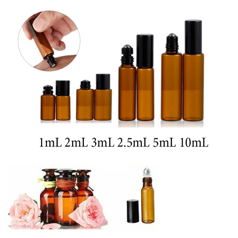 

5pcs/10pcs 1mL-10mL Amber Roll glass On Roller Bottle with Stainless Steel Refillable Essential Oils Perfume Bottles Containers