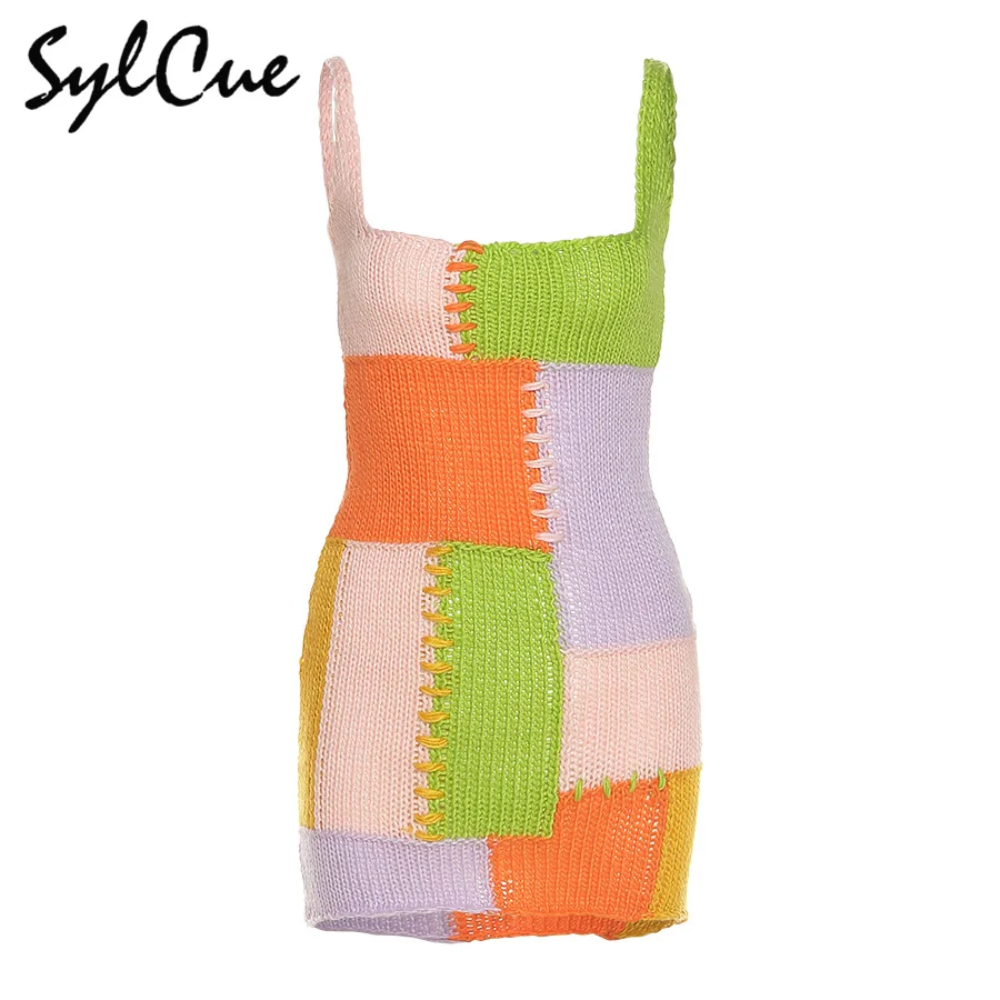 

Sylcue Summer new colored plaid knit Patchwork slip skirt summer holiday colorful casual dress personality fashion mini skirt