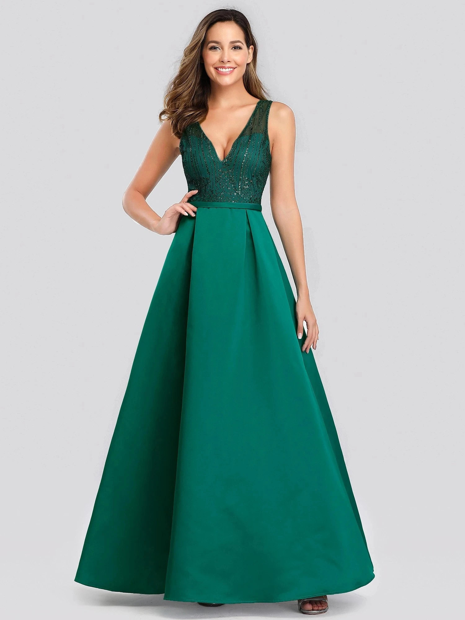 

Elegant Deep V Neck Floor Length Sparkly Wholesale Evening Gown Dresses