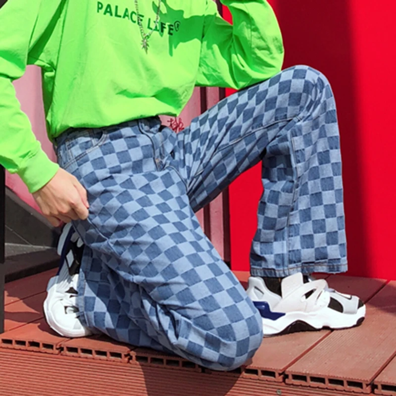 

CHICEVER Plaid Hit Color Denim Pants For Women High Waist Straight Wide Leg Loose Denim Jeans Female Fashion Spring 2021 Tide