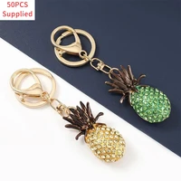 50pcs cute enamel keychain alloy yellow rhinestone crystal pineapple key chain car key holder jewelry accessories girl gift