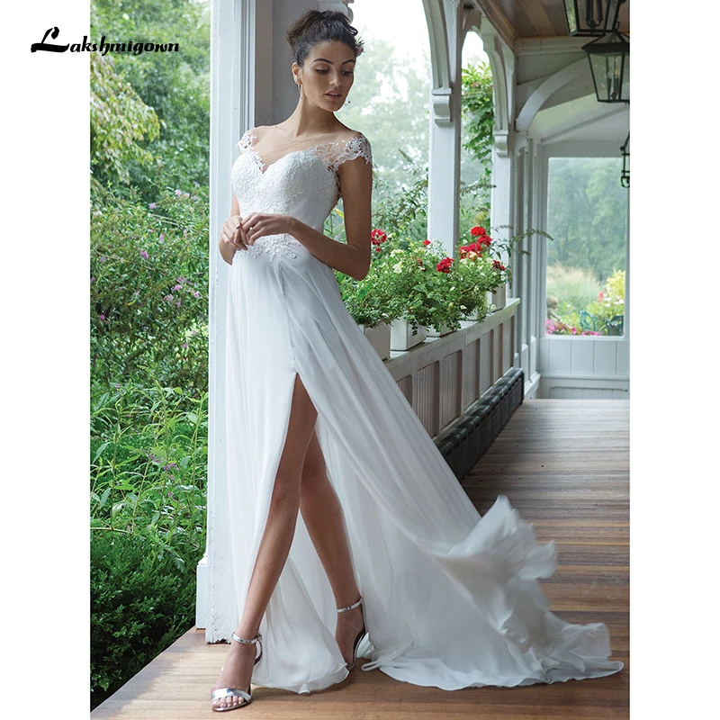 

Sexy Illusion Shoulder A-line Wedding dress with Sequined Venice Lace Women Backless Beach Wedding Dress 2021 Chiffon Boho Long