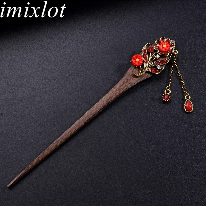 

Imixlot Classic Retro Crystal Metal Flower Hair Sticks Women Elegant Fashion Random Color Hairpins Wooden Rhinestone Accessories