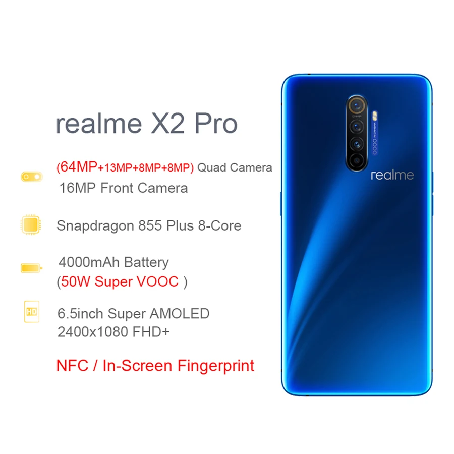 Realme X2 Pro 8 Гб 128 ГБ 6 5 дюймов мобильный телефон Snapdragon 855 Plus 64 мп Quad Camera NFC Смартфон OPPO