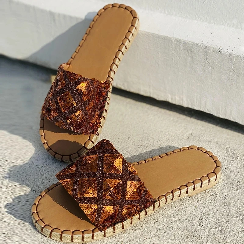 

Luxury Trendy Women Sexy Slippers Squined Shiny Bling Platform Hemp Sewing Sole Fashion Outdoor Slides Beach Shoes Ladies Summer
