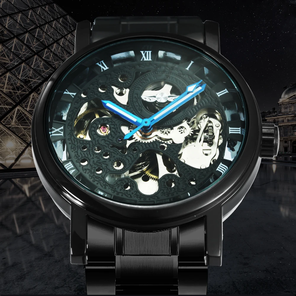 WINNER Ретро Бизнес автоматические механические часы для мужчин черный ремешок из