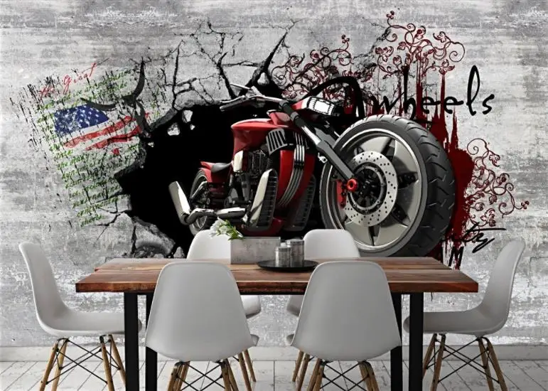 3d обои для обустройства дома европейские ретро 3D сломанная стена мотоцикл фото