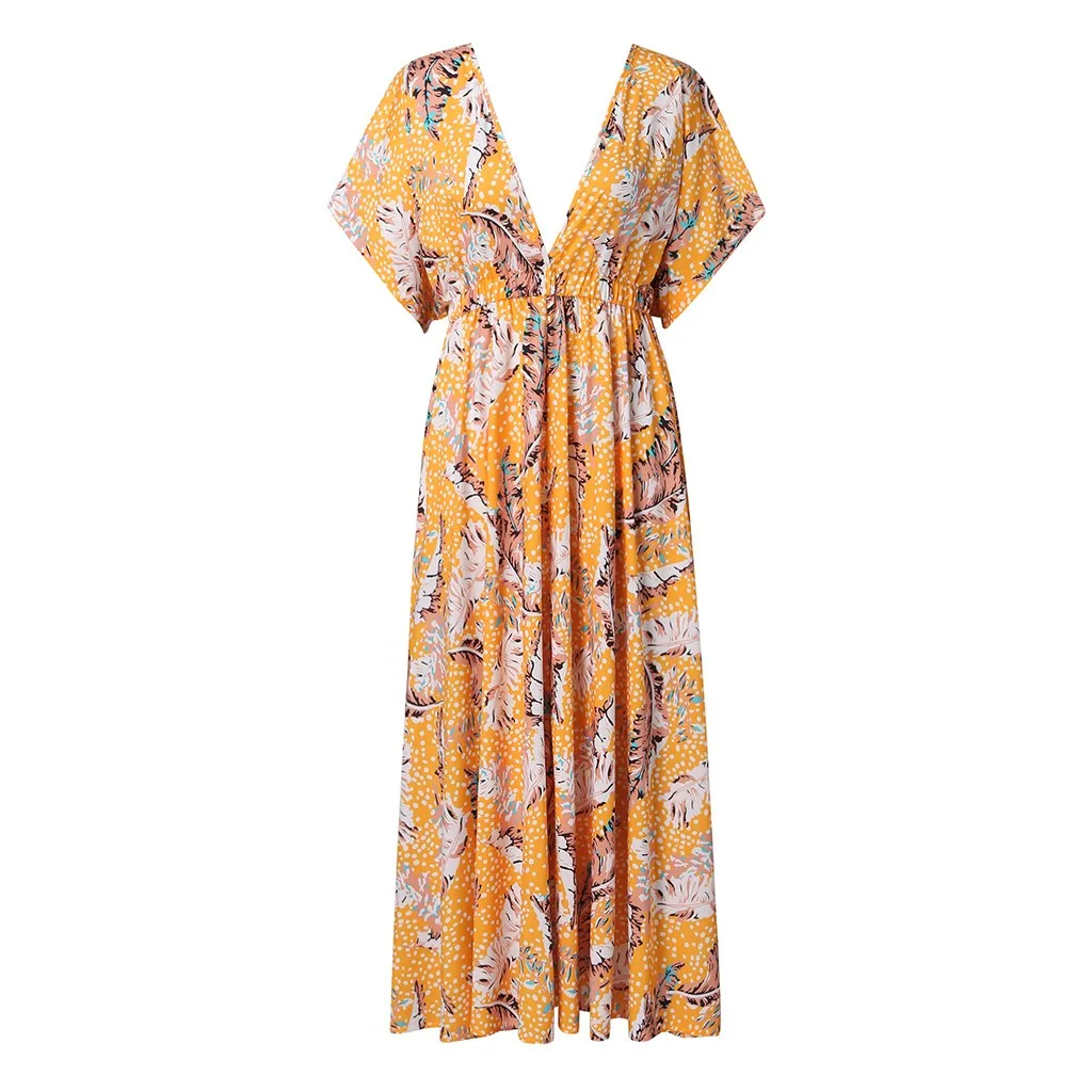 

2020 Fashion Women Dress Summer Sexy Bohemian Floral Print Vintage Elegant V Neck Loose Lady Blackless Long Dress L42