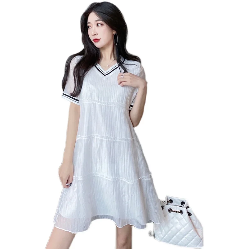 

Hong Kong taste retro ancient ways contracted collision color V gets loose show thin small centrifuge chiffon 100 pleated dress