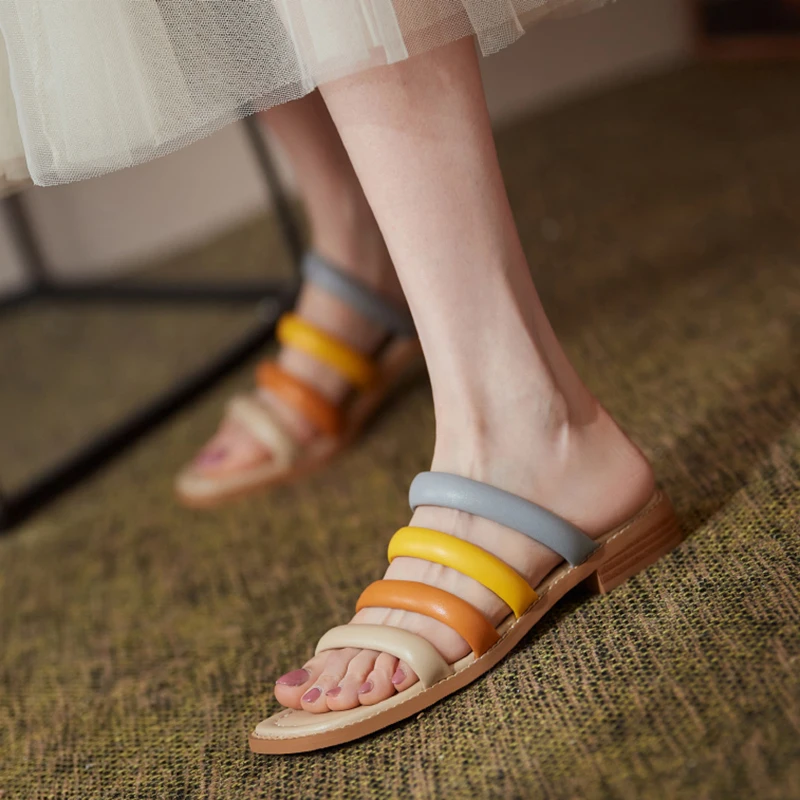 

Microfiber Leather Woman Slippers Casual Soft Breathable Handmade Summer Shoes for Women Colored Strap Slides Bohemian Adult