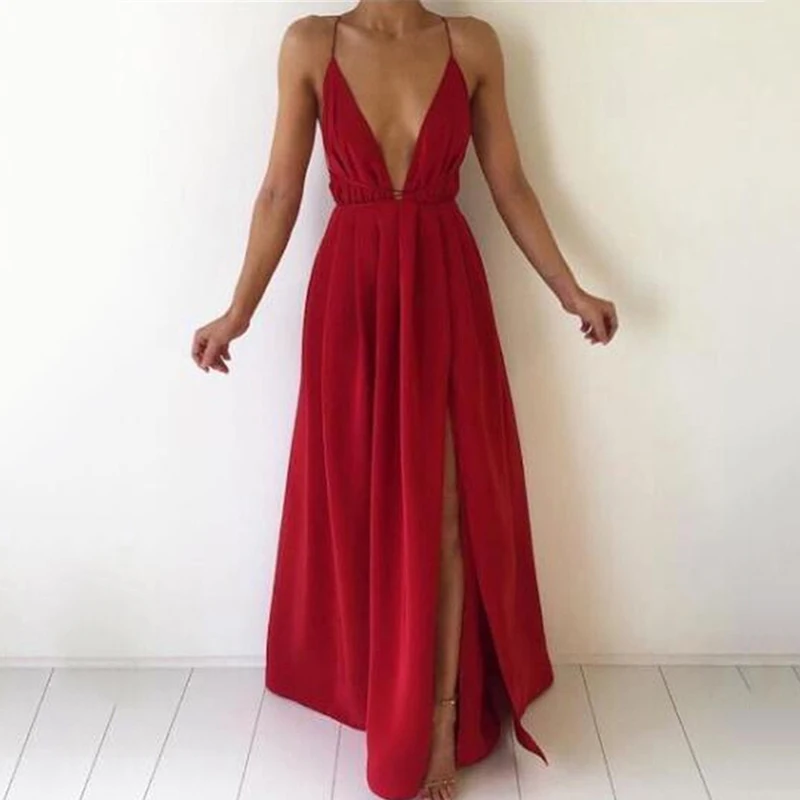 

Lace Splice red Long Dress Beach Deep V Neck Sexy Summer Sundress Boho Drawstring Side Slit Maxi Dresses Women Hot