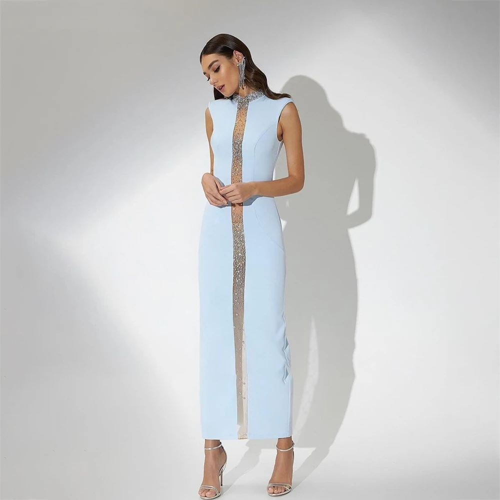 

Laxsesu Light Blue Evening Dresses Beads Crystal High Neck Ankle Length Formal Prom Dress Party Gowns 2022 Plus Size