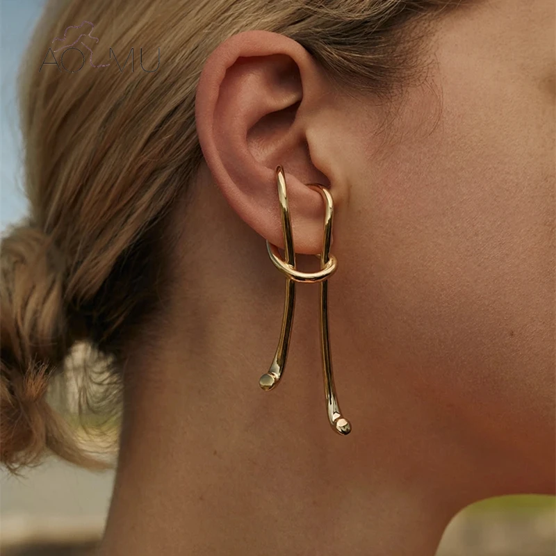 Женские асимметричные серьги клипсы AOMU длинные большие манжеты с пряжкой без