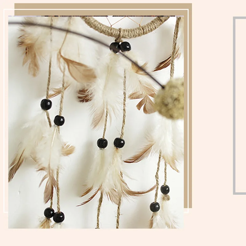 

Natural feather crafts hand-woven dream catcher Beige Hemp rope weaving wooden beads feather pendant garden style crafts XR057