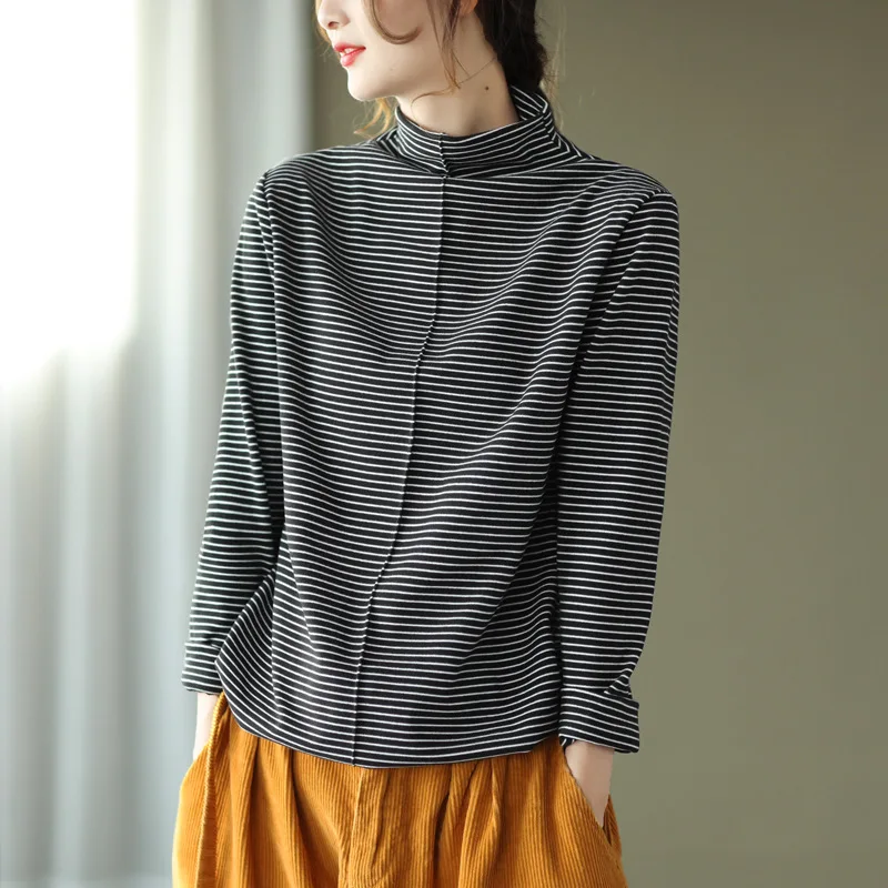 

New Style Retro Middle Stitching Striped Bottom T-shirt For Women's Half High Neck Long Sleeve Pullover And Tops Female Tshirts
