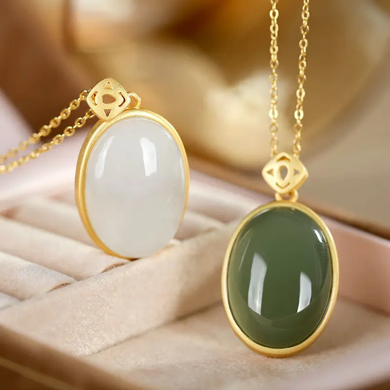 

New silver inlaid natural Hetian white jade Oval Pendant Necklace Chinese style retro unique ancient gold charm women's jewelry