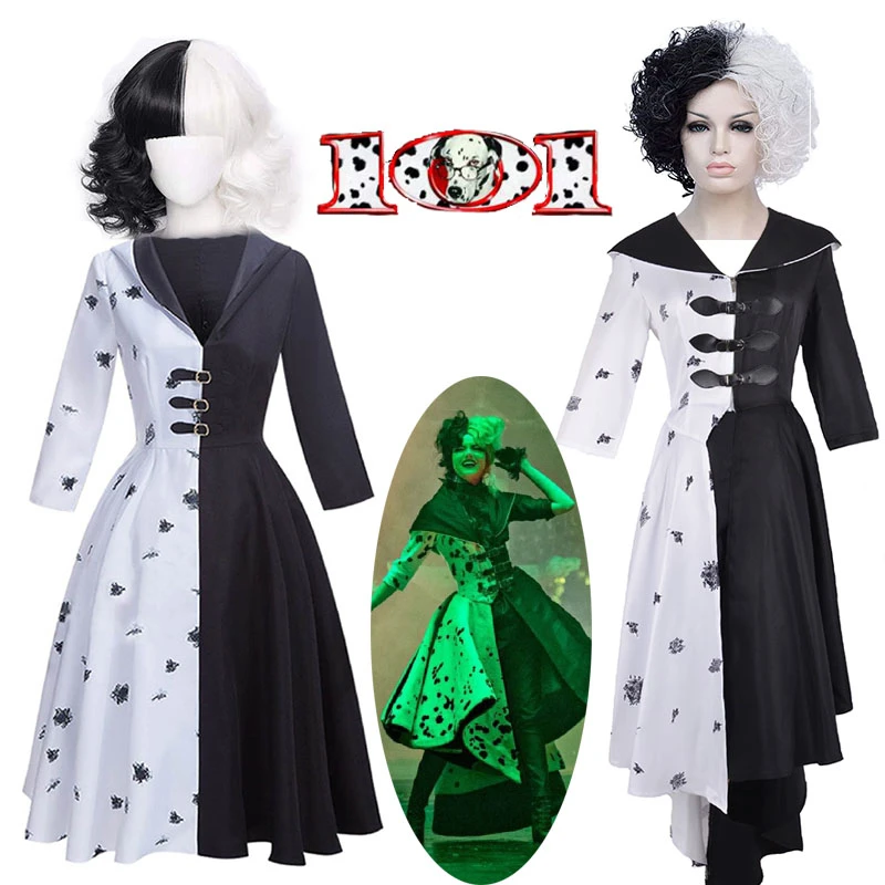 Костюм Круэллы Де Виль для косплея: черно-белое платье горничной с перчатками, капюшоном, юбкой и париком. Костюм на Хэллоуин для взрослых и детей.