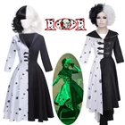 Платье горничной Cruella De Vil для косплея, черно-белое платье с перчатками, худи, юбка, парики, костюмы на Хэллоуин для взрослых и детей
