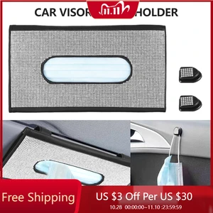 Car Sun Visor Tissue Box Holder Bling Crystals Cover Case Clip PU Leather Backseat Tissue Case Car Accessories