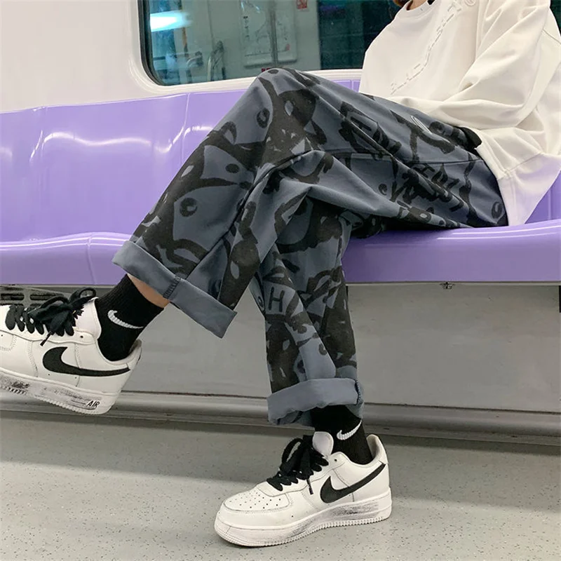 

Hip-hop pants boys plus cashmere autumn winter tie-dye printing Hong Kong style Oversized sweatpants punk Korean casual trousers