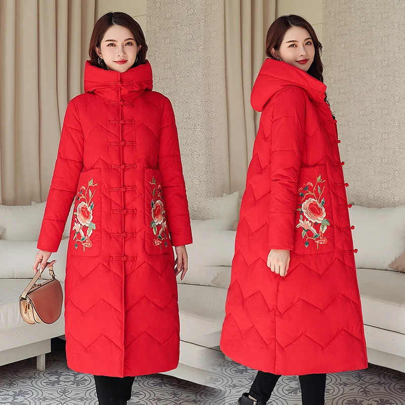 High Quality Winter Jacket Women Parkas Warm Thicken Chinese Style Retro Ladies Outwear Coat Female Hooded Long Parka Overcoat