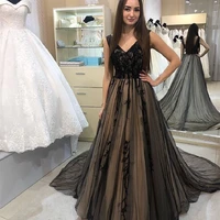 elegant black a line prom dresses 2021 v neck lace appliques sleeveless party evening gown for women backless sweep train