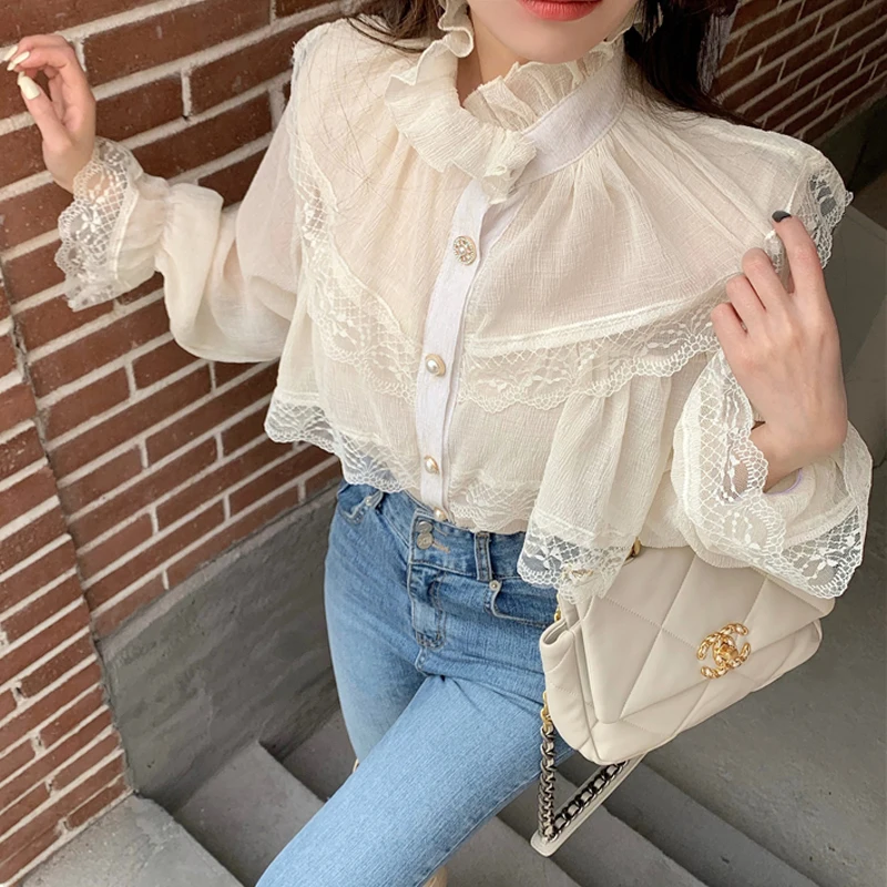 Stand collar chiffon shirt female Ruffled Long sleeve 2021 Loose Ladies Lace Women Shirts Blusas Feminine harajuku shirt 228F
