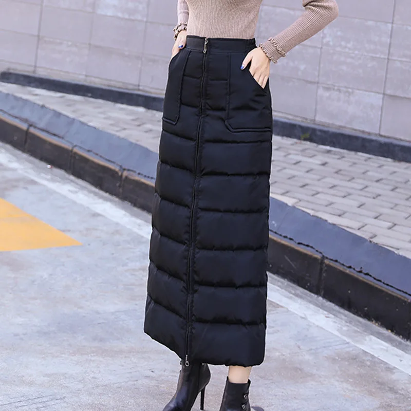 

New Arrival Winter Down Cotton Skirt High Waist Zip up Long Warm Skirt Thickening Women A-line Skirts