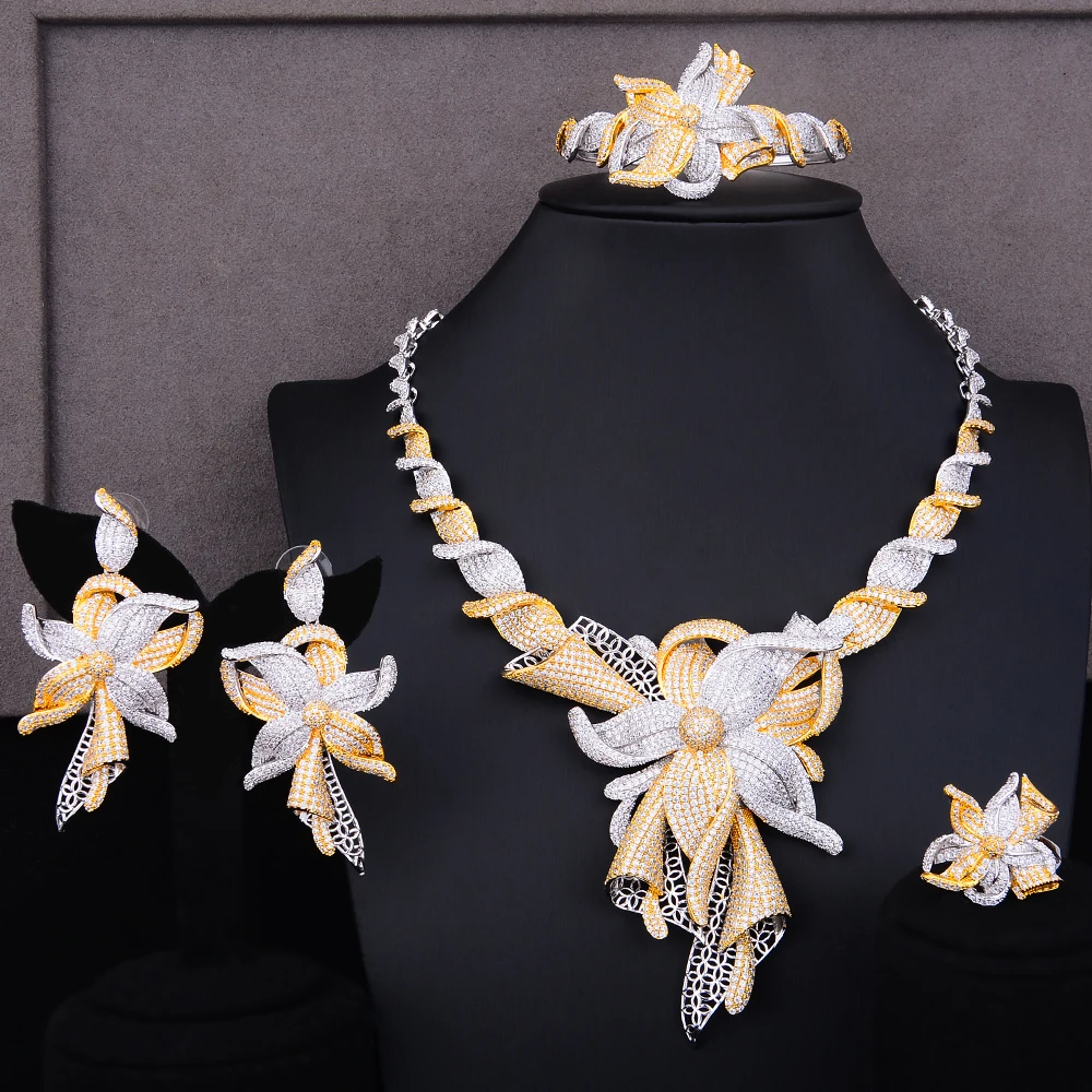 

LARRAURI Sweet Romantic Original Luxury Blooming flowers Jewelry Set Big Necklace Bracelet Rings Earrings Sets Top Quality