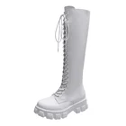 Женские мотоциклетные сапоги до колена, черные и белые утепленные сапоги в стиле ретро, до колена, на квадратном каблуке, 2021