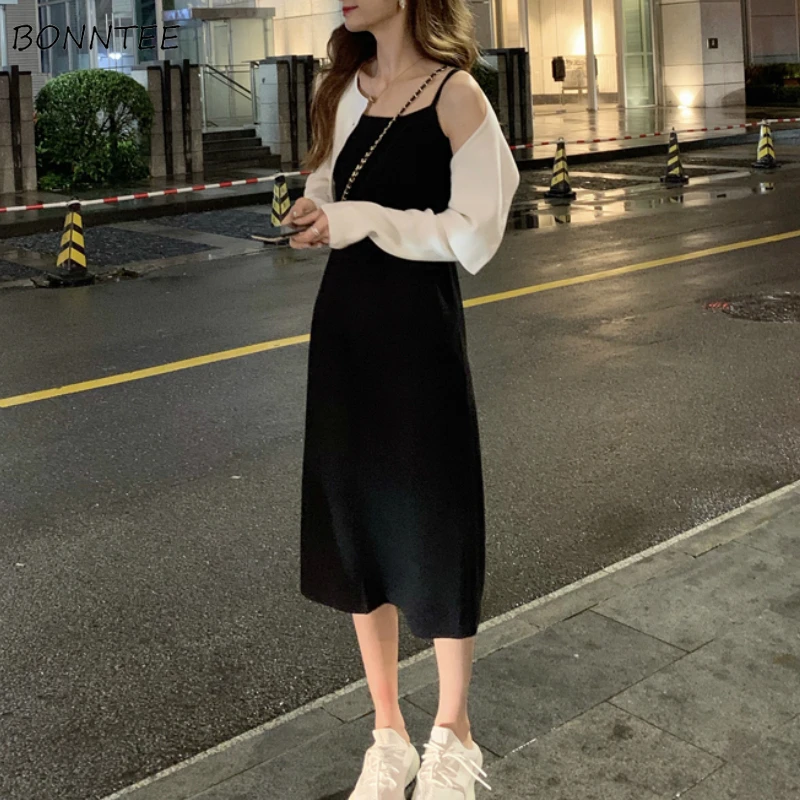 

Sleeveless Dress Women Vintage Pure Black Spaghetti Strap Mid-Calf Chic Girls Long Dresses Split Temperament Femme Party Clothes