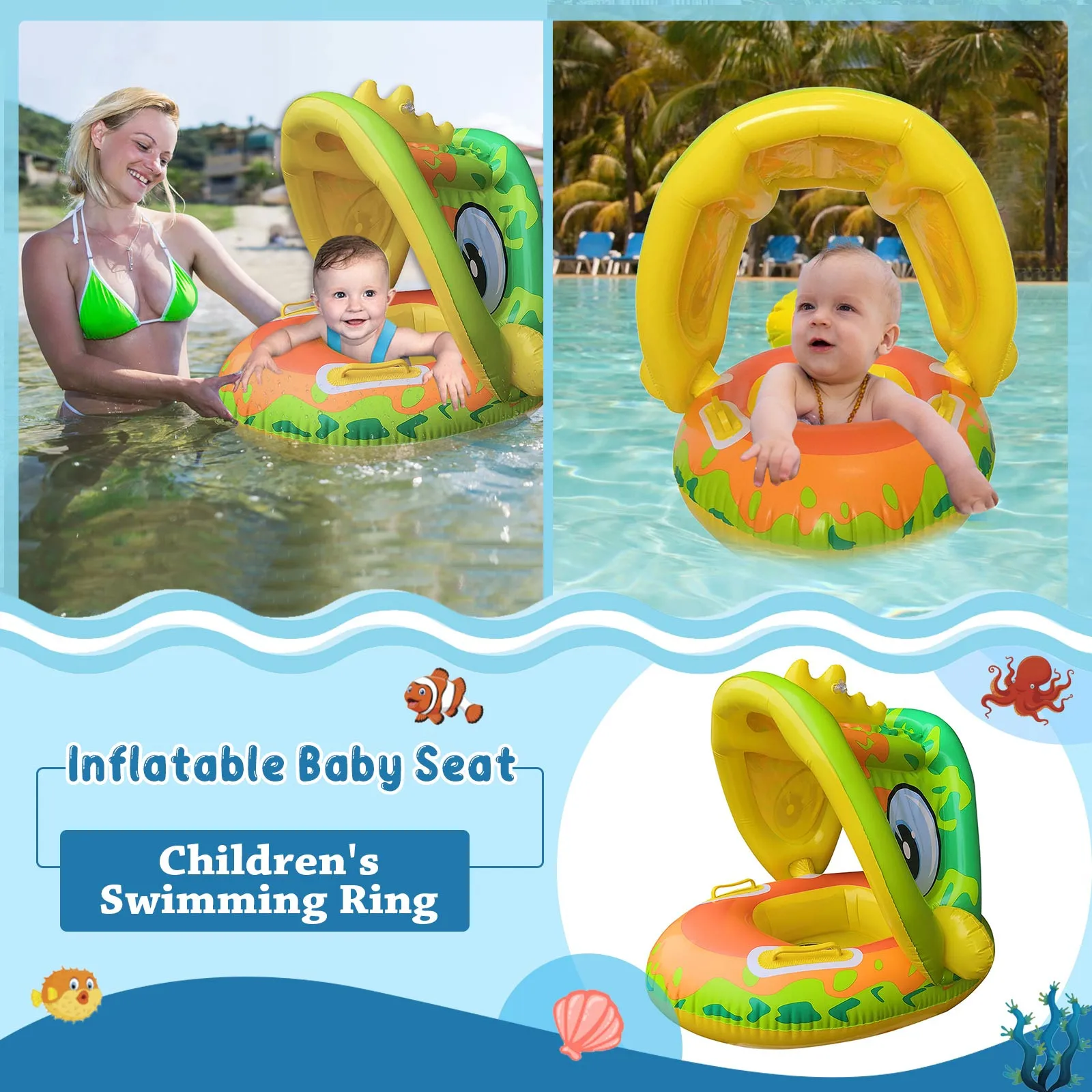 

Children's Inflatable Detachable Canopy Seat Ring PVC Baby Swimming Pool Ring Kids Steering Wheel Car-shaped Swim Rings Mar 25