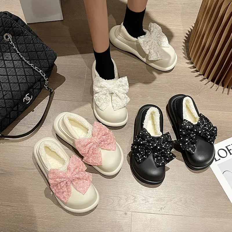 

Kawaii Bow Thickened Woolen Slippers Women's 2021 Winter Korean Version New Warm and Lovely Women Slippers for Outdoor Wear
