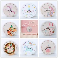 cartoon circular unicorn wall clock kids wooden silent reloj de pared for baby rooms horloge home decor living room decoration