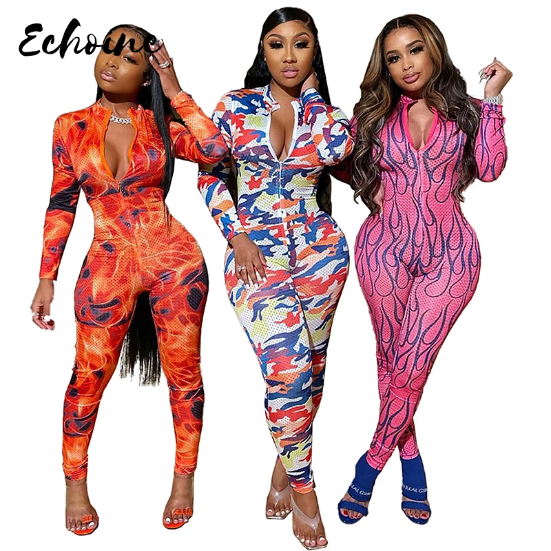 

Fitness Active Wear Rompers Womens Camo Print Jumpsuit Zipper V Neck Sexy Fashion 2020 Long Sleeve Workout Sporty Jumpsuits S-XL