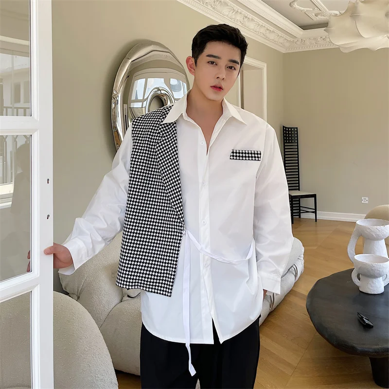 

Plaid Splice Solid Color Shirt Men Chic Fashion Loose Casual Shirts Tops Man Korean Harajuku Streetwear Shirt
