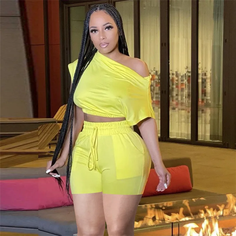 

YEYA Nightclub Party Two Sets Slash Neck Off Shoulder Hollow Out Crop Top and Drawstring Lace Up Short Pants Casual Sports Suits
