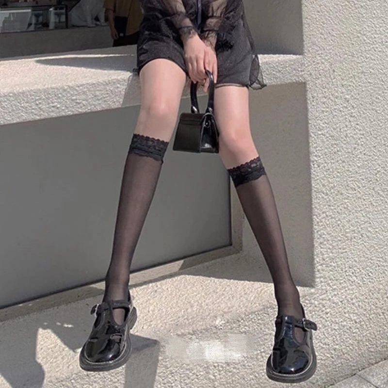 

Ladies summer stockings thin black and white Japanese calf socks core-spun silk lace socks