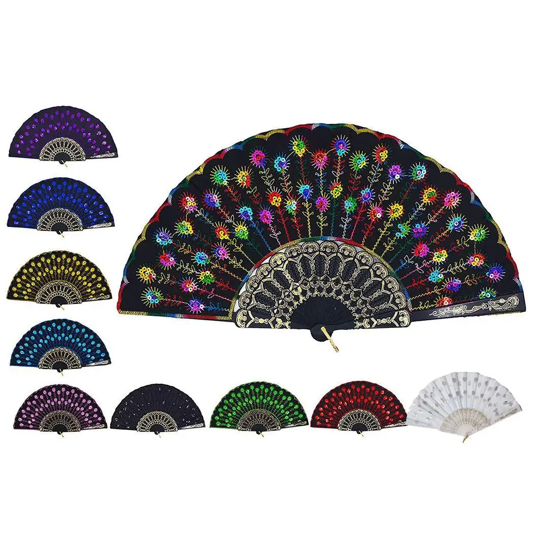 Folding Exquisite Sequins Peacock Feather Pattern Craft Decoration Embroidery 42cm/16.5inches Fan Gift |