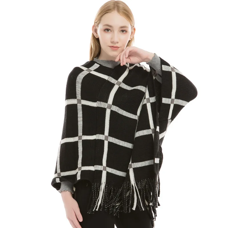 

Winter Clothes Women Sweater V-Neck Elegant Fashion Tassel Cape Knitting Shawl Lady Batwing Sleeve England Style Plaid Cloaks
