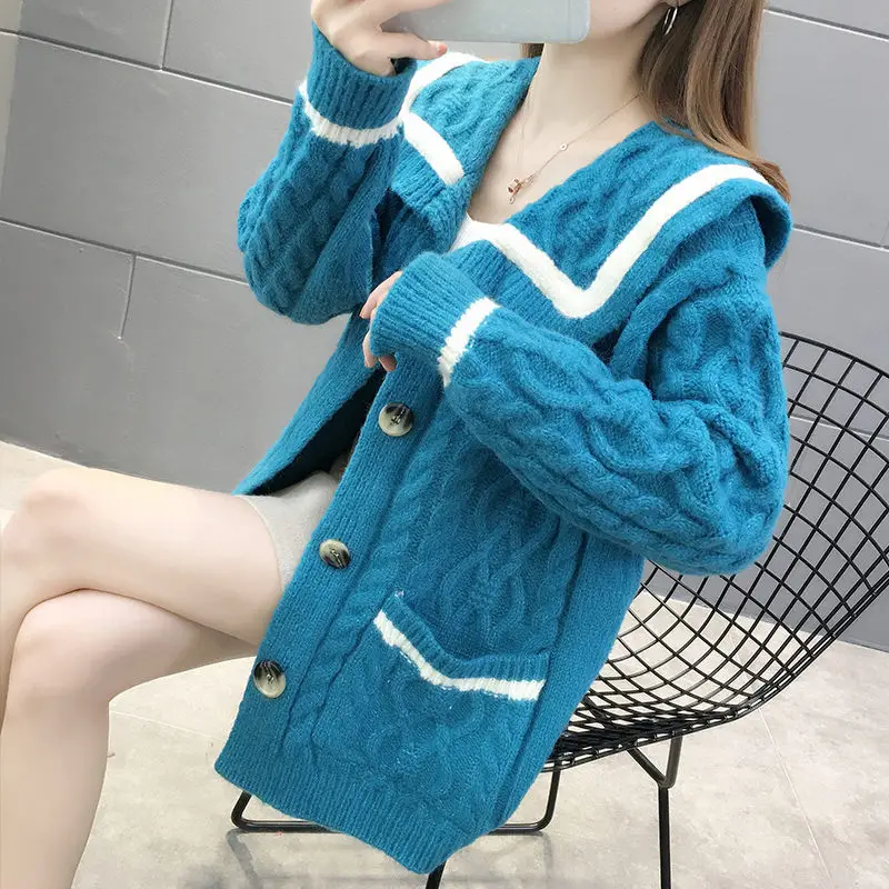 

Navy collar Fashion Hit Color Autumn Sweater Coat 2020 New Knitted Cardigan Women's Autumn All-match Loose Female Outerwear Y042