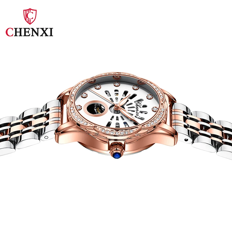 Fashion CHENXI ladies watch red leather watch automatic mechanical watch simple rose gold ladies waterproof hollow watch enlarge