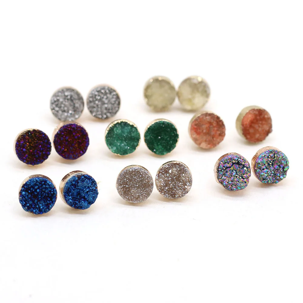 

12mm Natural Stone Color Plated Stud Druzy Drusy Quartz Crystal Stones Gold Studs Earrings Jewelry for Women