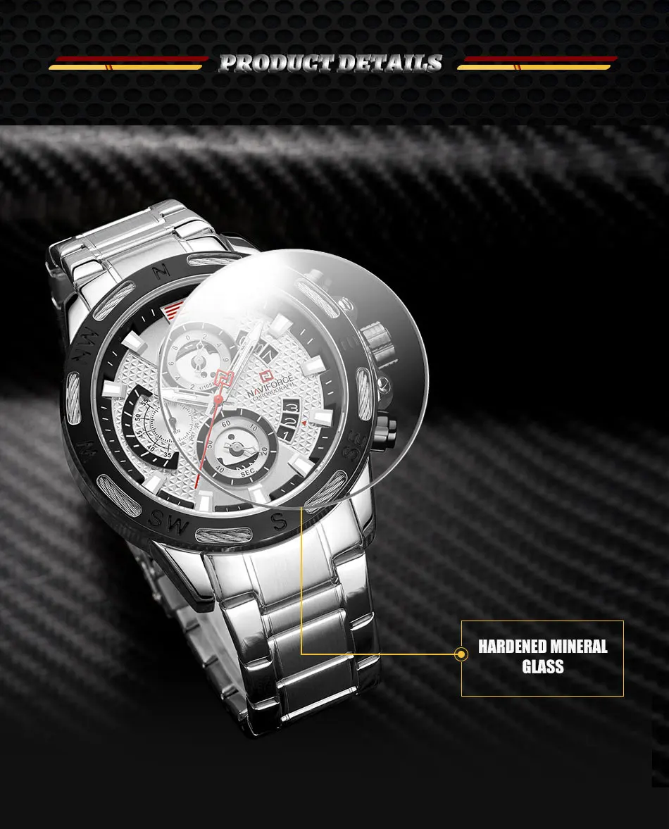 Часы наручные NAVIFORCE Мужские кварцевые модные повседневные Роскошные Аналоговые